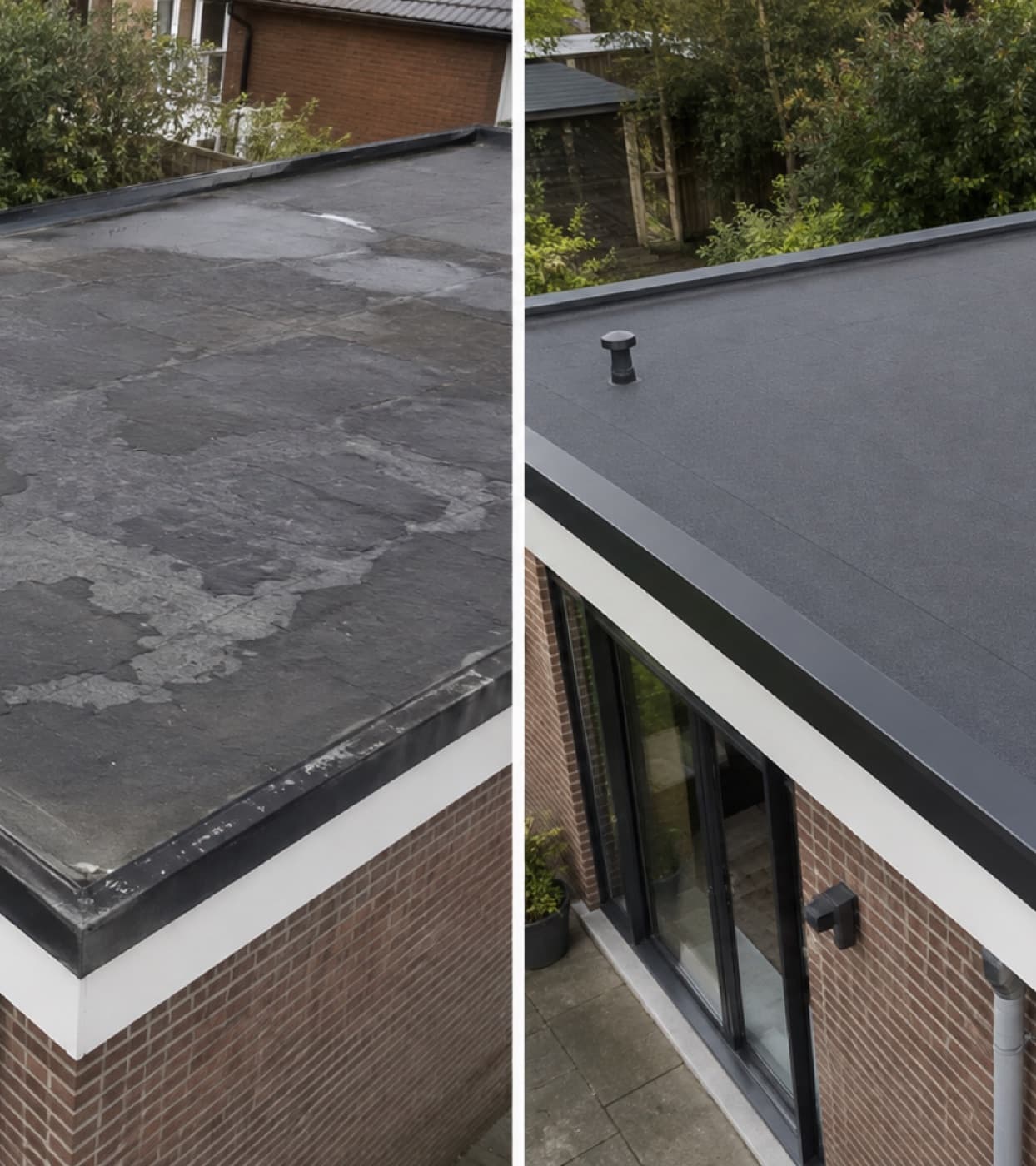 Lichtgrijs strak afgewerkt plat dak als materiaalvoorbeeld