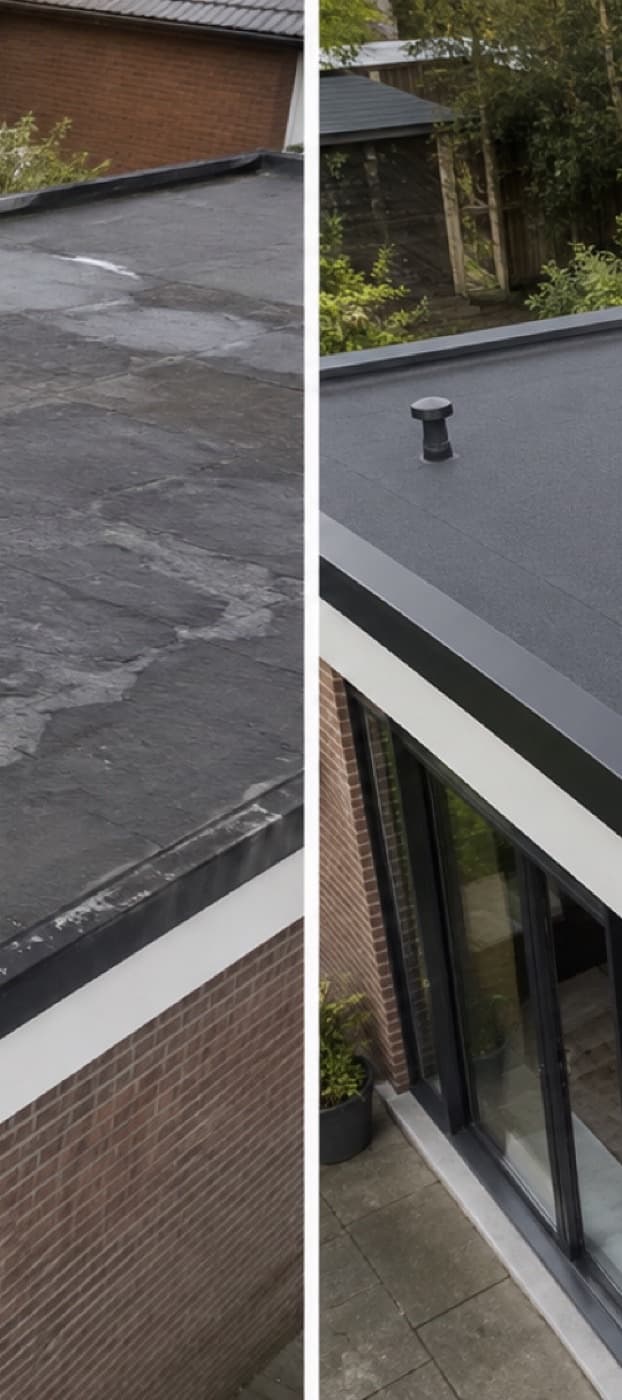 Versleten bitumen dakbedekking met zichtbare beschadigingen