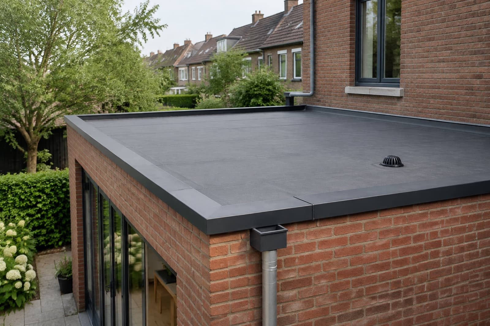 Strak afgewerkt EPDM dak op een bakstenen uitbouw