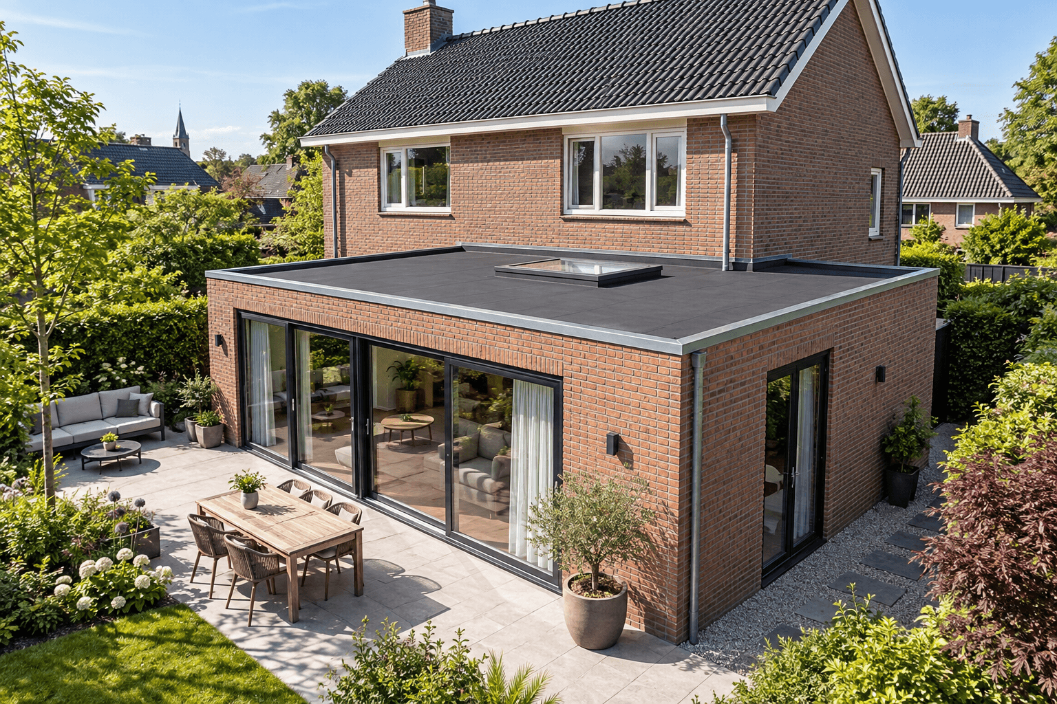 Illustratief beeld van een lichte bakstenen woning met een vernieuwd plat dak op de uitbouw