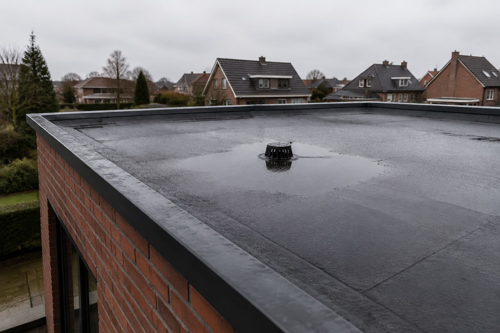 Regenwater rond een afvoer op een plat dak